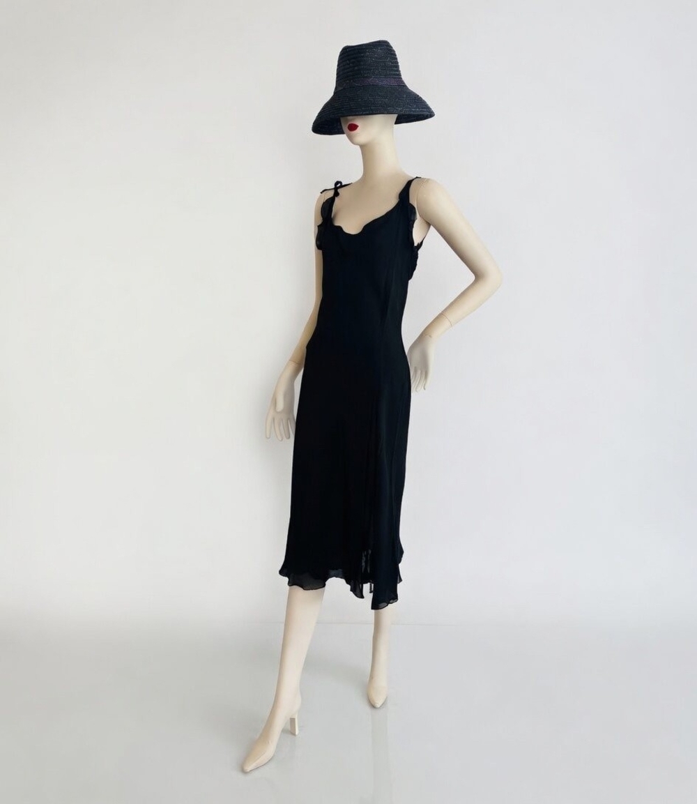 Vintage LAPIS Women Gown M Black V Neck Ruffle Sheer Ball Gown Tie Shoulder Midi - Picture 7 of 13